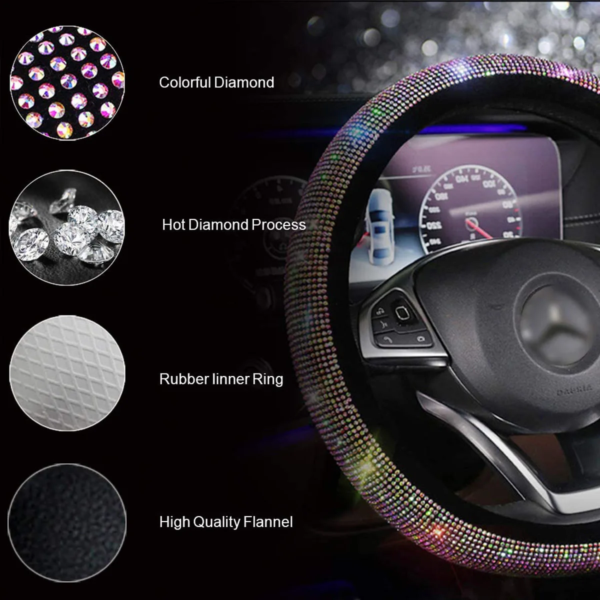 Universal Sparkle Bling Rhinestone Steering Wheel Cover Center Console Cushion Headrest Pillows Car Interior Protection Case Set |