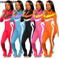 fagadoer long sleeve striped patchwork jumpsuit sexy zipper bodycon overalls autumn winter stretchy streetwear playsuits 2021