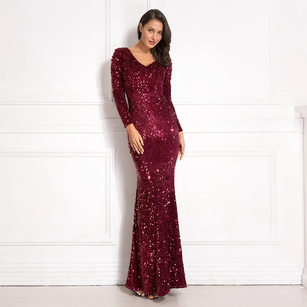 Бархатное платье-макси с V-образным вырезом и пышными рукавами | Женская одежда