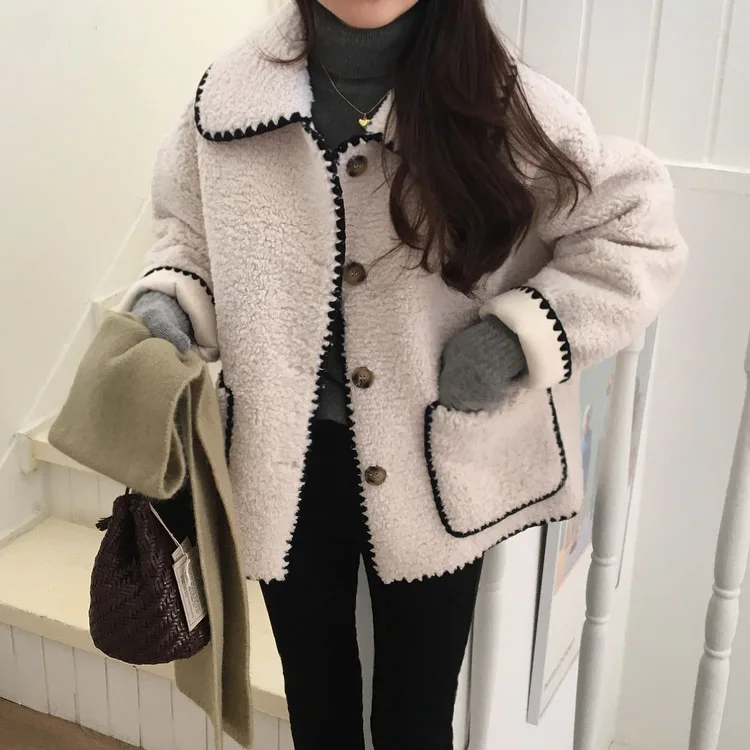 Fake fur Button turne neck short Jacket long-sleeve loose autumn Coat Korean chic winter top warm Jackets