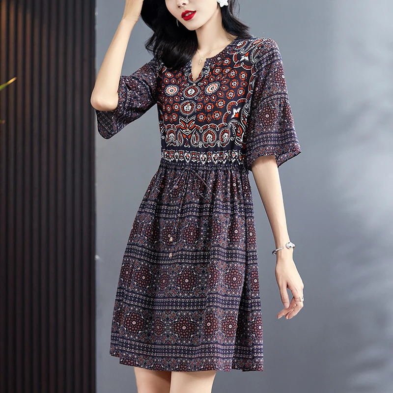 2023 Women Summer Dresses Elegant V-neck Half Sleeve Drawstring 100% Natural Real Pure Silk Lady Vintage Print A-line Dress