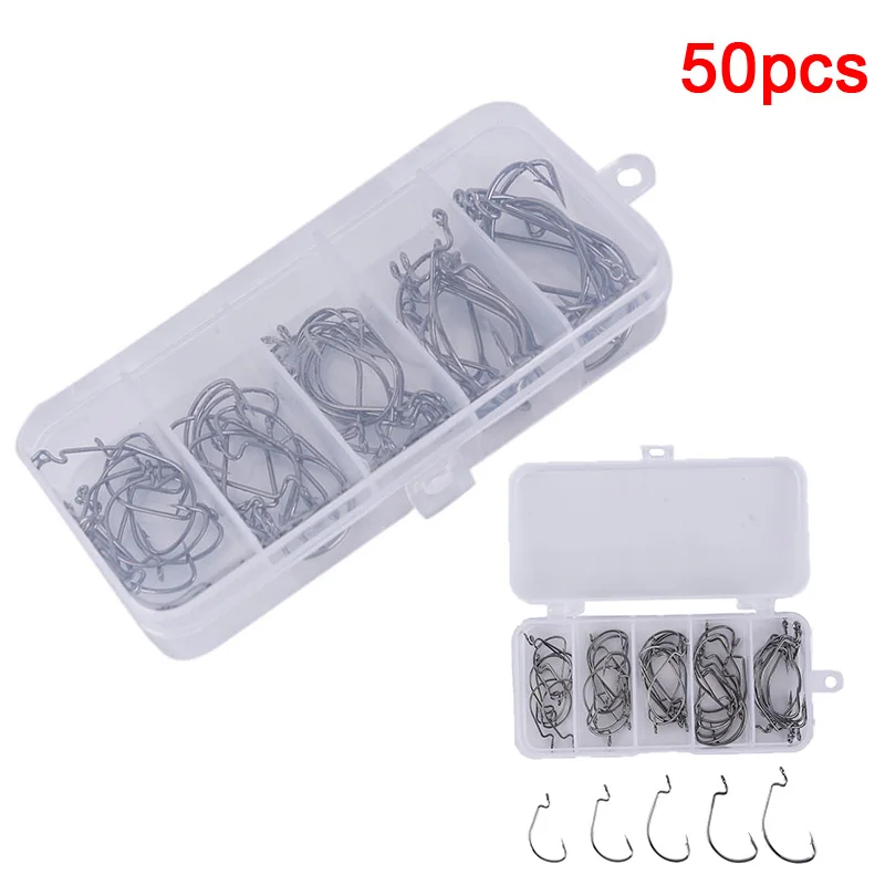 

50pcs Wide Gap Worm Fishing Hooks Jig Crank Big Bass Hook Black High Carbon Steel Crank Barbed Hook for Soft Fishing Lure