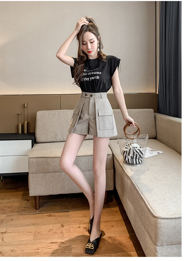 

High Waisted Splice Pocket Wide Leg Shorts for Women Summer Loose Casual Streetwear Hip Hop Harem Short Pants Woman Shorts