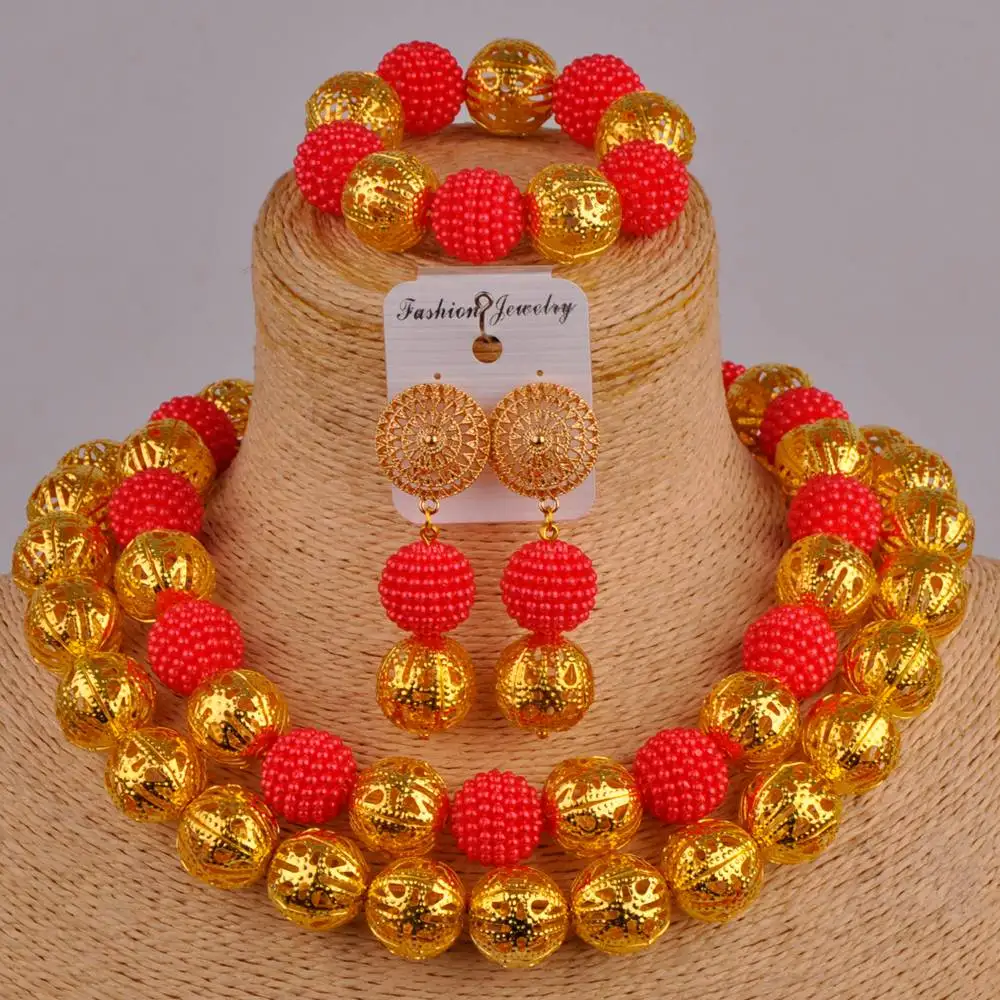 

red simulated pearl costume necklace african set nigerian set african wedding beads jewelry set ZZ18
