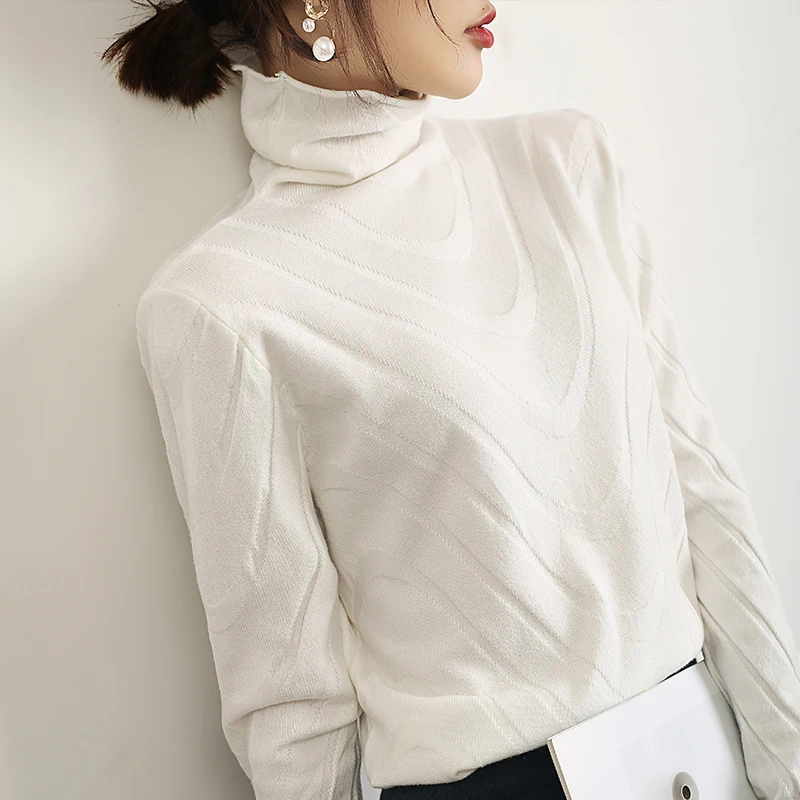 Белый LHZSYY, осенняя новинка, Женский вязаный свитер с высоким воротом, модный однотонный тонкий пуловер с водным узором, мягкий теплый джемпер - Цвет: Белый