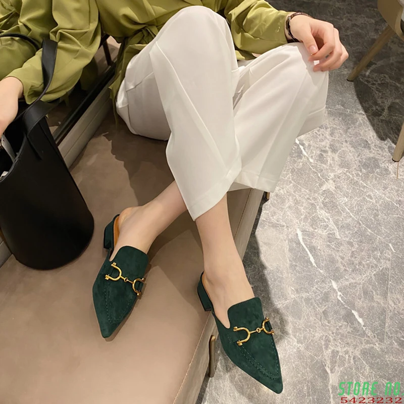 Мюли женские замшевые туфли на каблуке заостренный носок сланцы роскошные