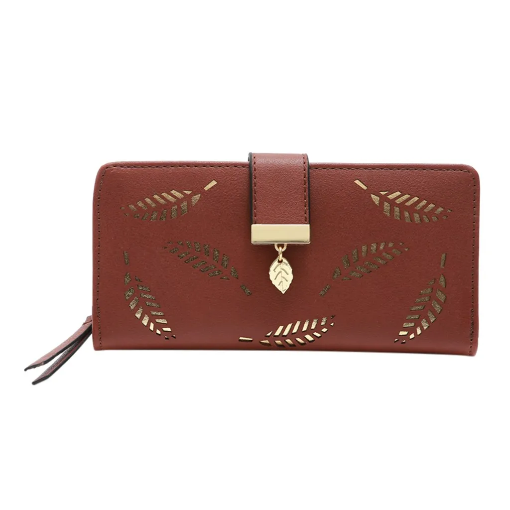 Женский Одноцветный длинный кожаный бумажник с бахромой и полым листом женский
