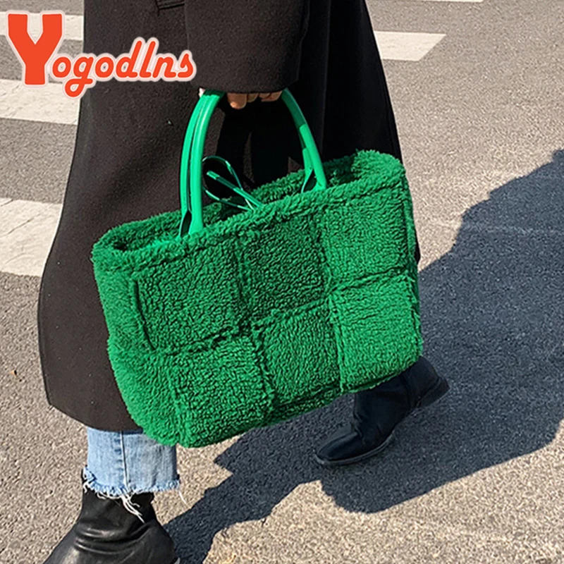 

Yogodlns Winter Warm Plush Tote Bag For Women Large Capaity Shoulder Bag Fashion Lamb Shopping Bags Travel Top-handle Bag Bolsa