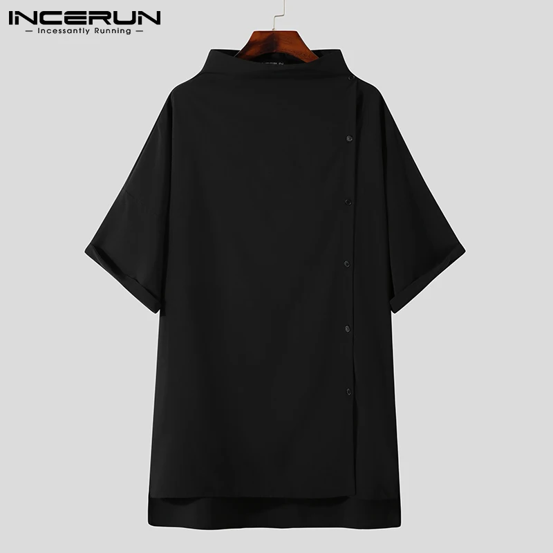 2022 Men Casual Shirt Solid Color Turtleneck Half Sleeve Streetwear Camisa Masculina Fashion Button Up Personality Tops INCERUN