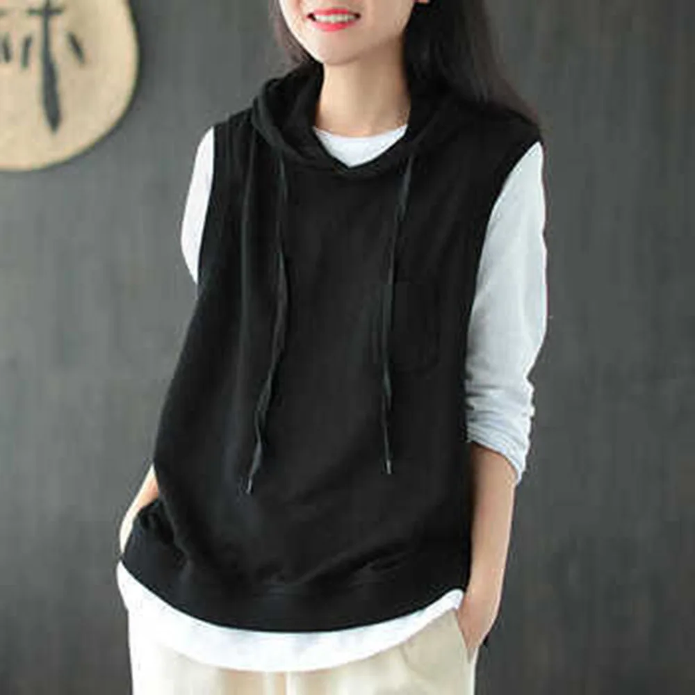 

Женская толстовка без рукавов, однотонный пуловер с капюшоном, весна-осень 2021, корейская мода, Свободный Повседневный Простой японский стил...