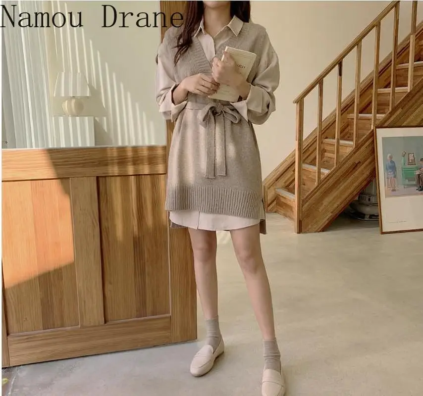 Платье-рубашка в Корейском стиле + жилет с V-образным вырезом кружевной Женский