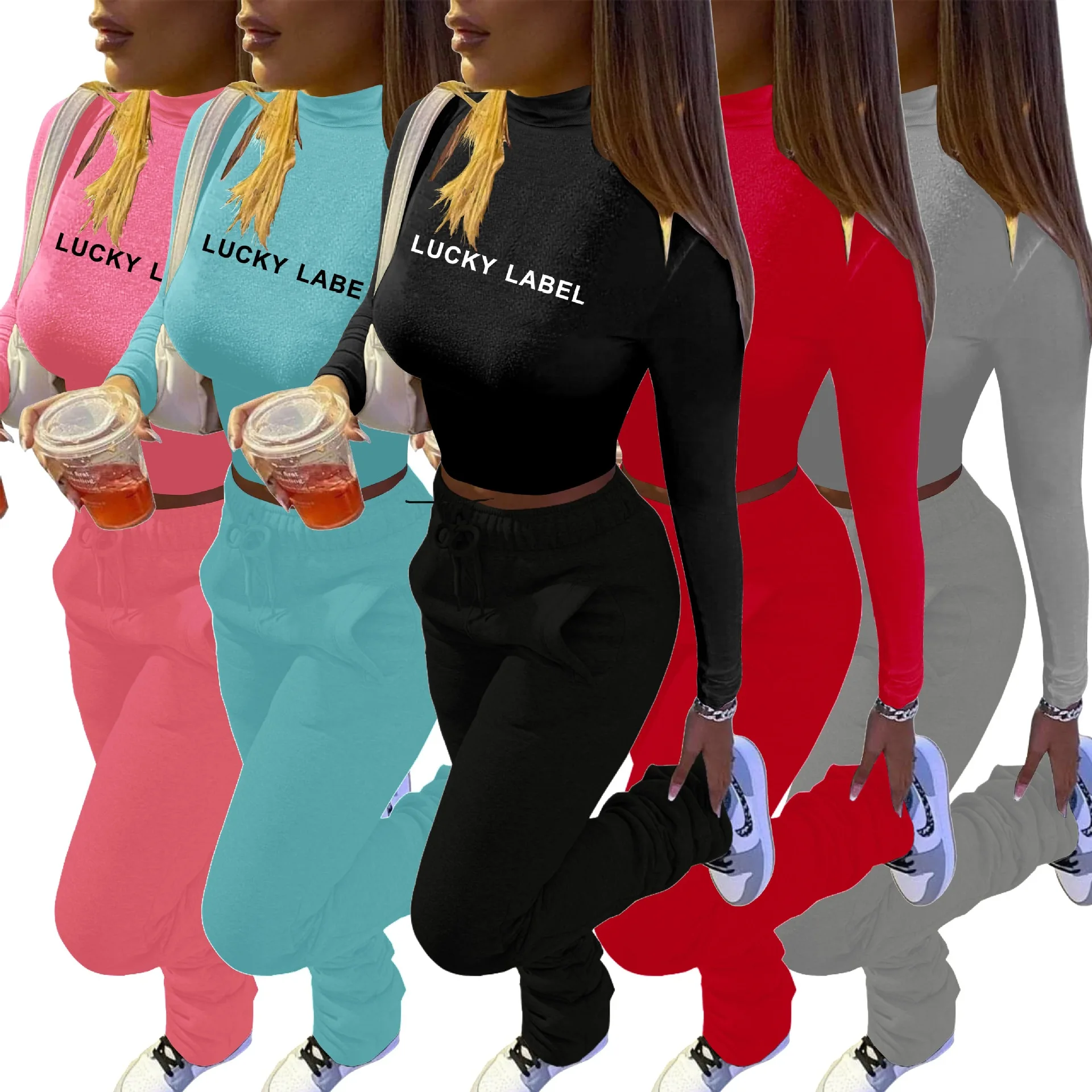 

Кроп-футболка с надписью Lucky label, пикантные топы и штаны на шнуровке со шнуровкой, Женский комплект из двух предметов, зимний спортивный кост...