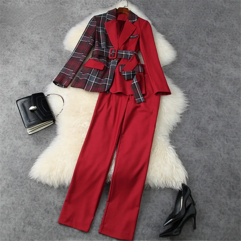 

2021 Spring Elegant Lady 2 Piece Matching Set Women Vintage Twinset Office Business Outfits Color Block Blazer and Pants Suit