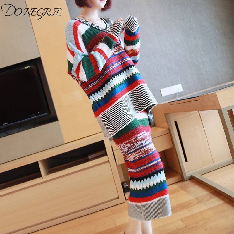 Элегантный трикотажный комплект из двух предметов в полоску женская одежда 2020