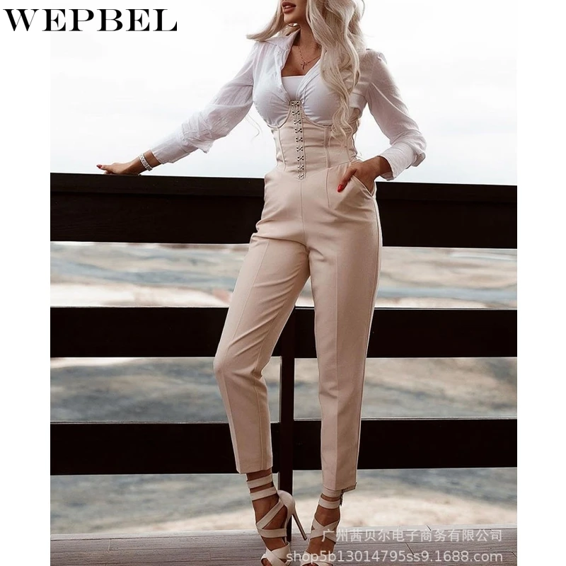 

Женские комбинезоны WEPBEL, облегающие однотонные комбинезоны, Осенние Комбинезоны с длинным рукавом, V-образным вырезом, высокой талией, имит...