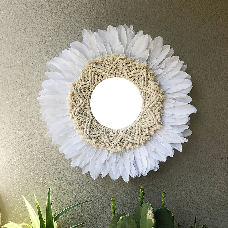 3 Pcs Hand-woven Macrame Feather Mirror Wall Hanging Nordic Porch Creative Living Room Sofa B&ampB Decor Headboard Boho | Дом и сад
