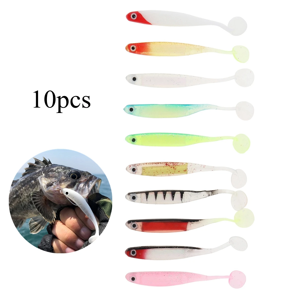 

10pcs Multi-color Soft Bait 5g 10.5cm T Tail Sequin Flash Wobbler Crankbait Swimbait Rainbow Fishing Lures