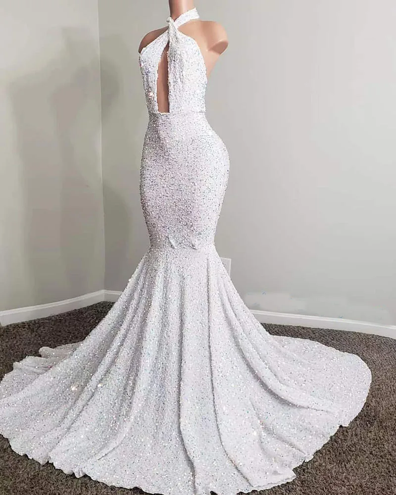 

African White Sequins Sequins Lace Mermaid Evening Dress Aso Ebi Prom Gowns for Girl Party Robe De Soire Custom Size