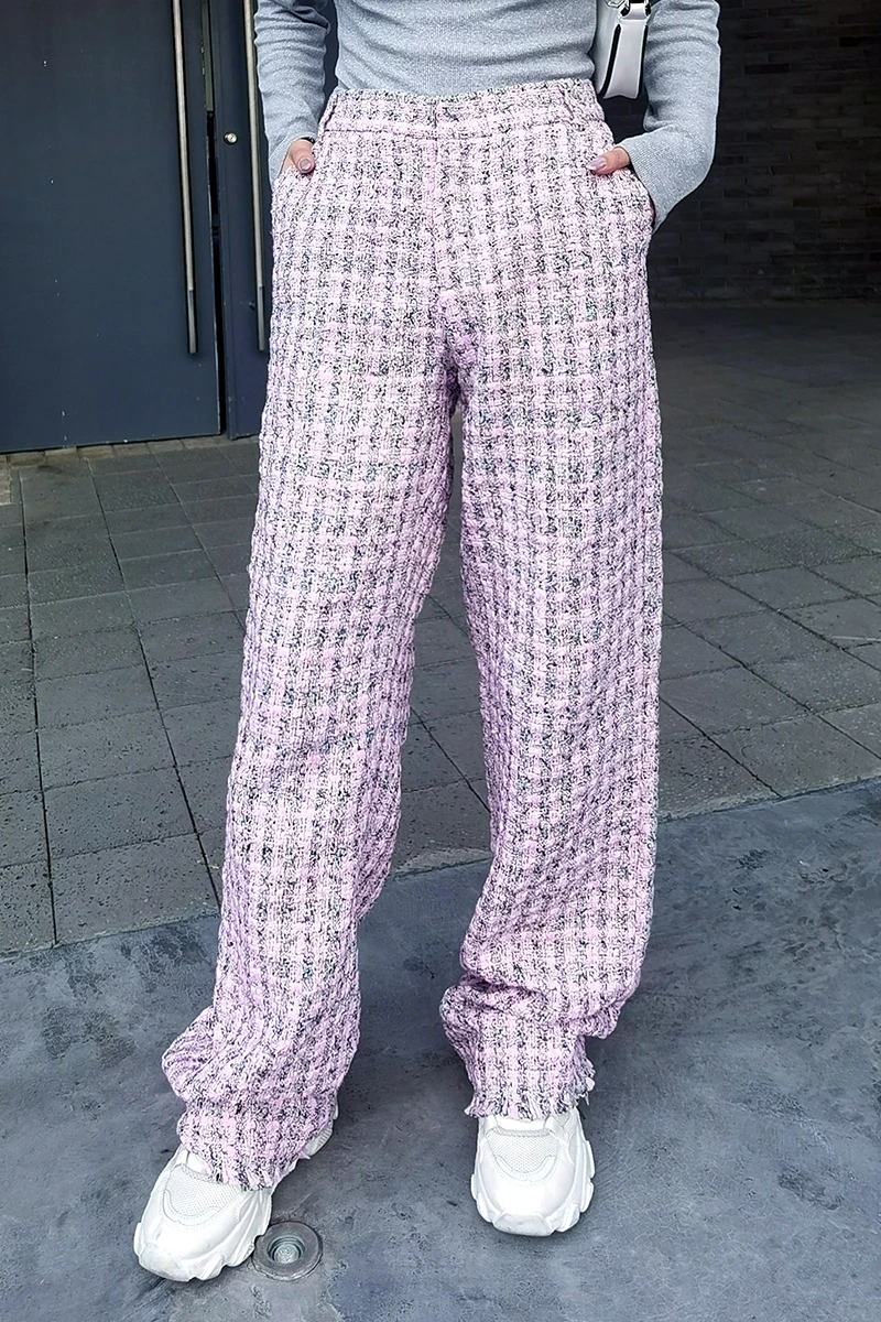 

2020 Autumn High Waist Full Length Pink Plaided Zippers Pocket Street Fashion Women Pants Female Trousers C204