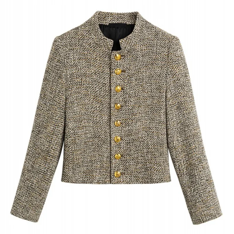 

French Retro Wool Blended Coat Women Spring Long Sleeve Outerwear Stand Collar Knit Tweed Jacket Elegant Ladies Short Jackets