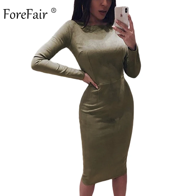 Forefair, замшевое, миди, с длинным рукавом, сексуальное платье для женщин, осень, вечерние, для клуба, зима, теплое, тонкое, элегантное, одноцветное, облегающее, платье-карандаш для женщин - Цвет: Green Dress