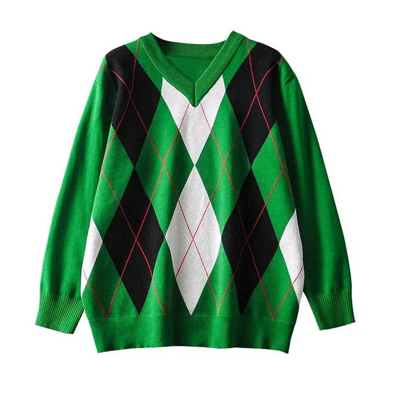 

Artsnie Spring 2021 Vintage Argyle Sweater Women Blue Casual Knitted Pull Femme Streetwear V Neck Ladies Sweaters Jumper