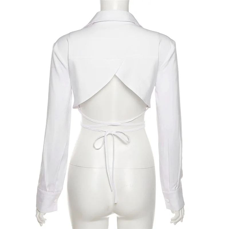 

2021 Fall Women Long Sleeve Lapel Fashion Cropped Top Streetwear Solid White Waist Lace-up Back Cut-out Exposed Navel Sexy Shirt