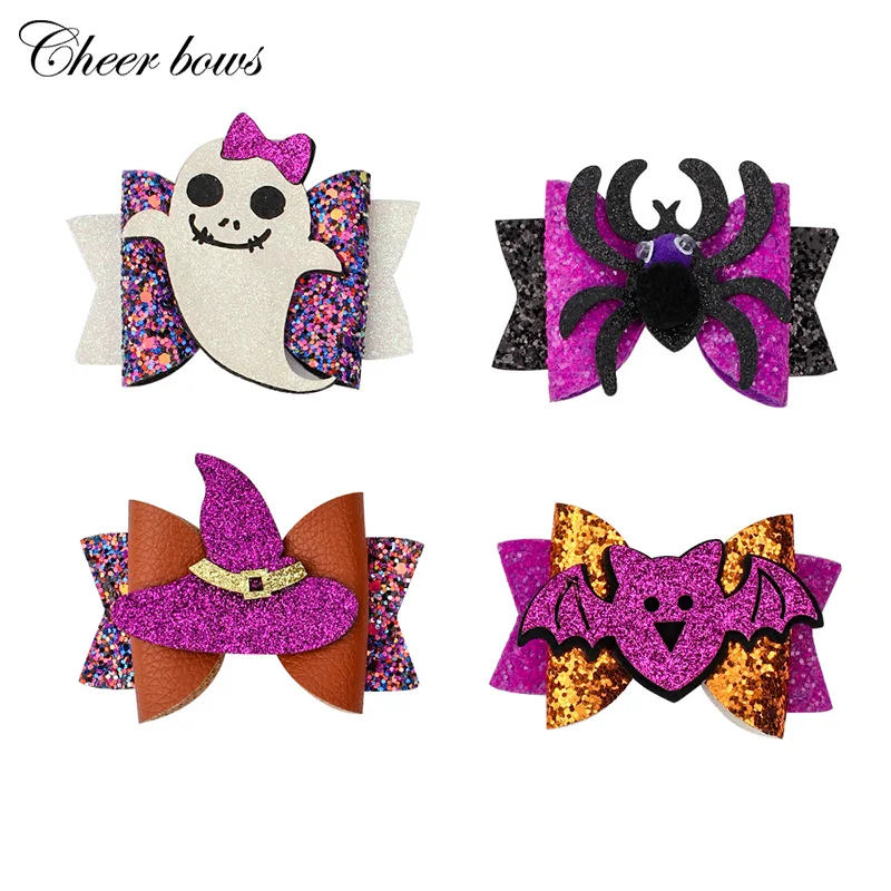 

Cheer Bow 3" Cartoon Hair Bows Glitter Halloween Bat Ghost Spider Hairgrips Clips For Girls Kids Party Hairpins Accessories