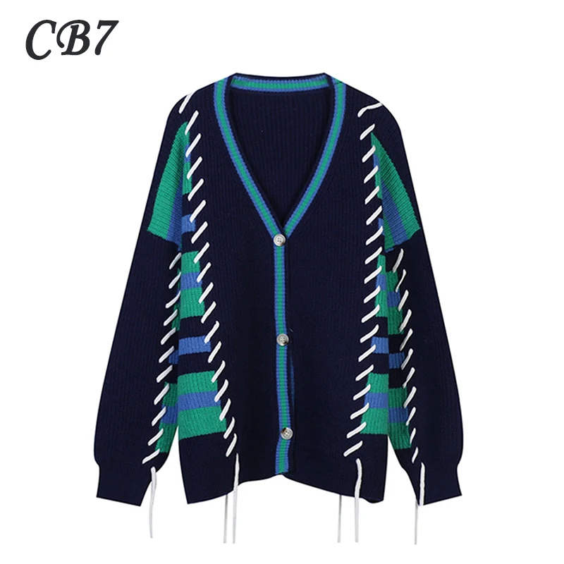 

V-Neck Knitted Cardigan Autumn Women Cardigans Sweater Long Sleeve Drawstring Patchwork Fashion Casual Loose Knitwear Top