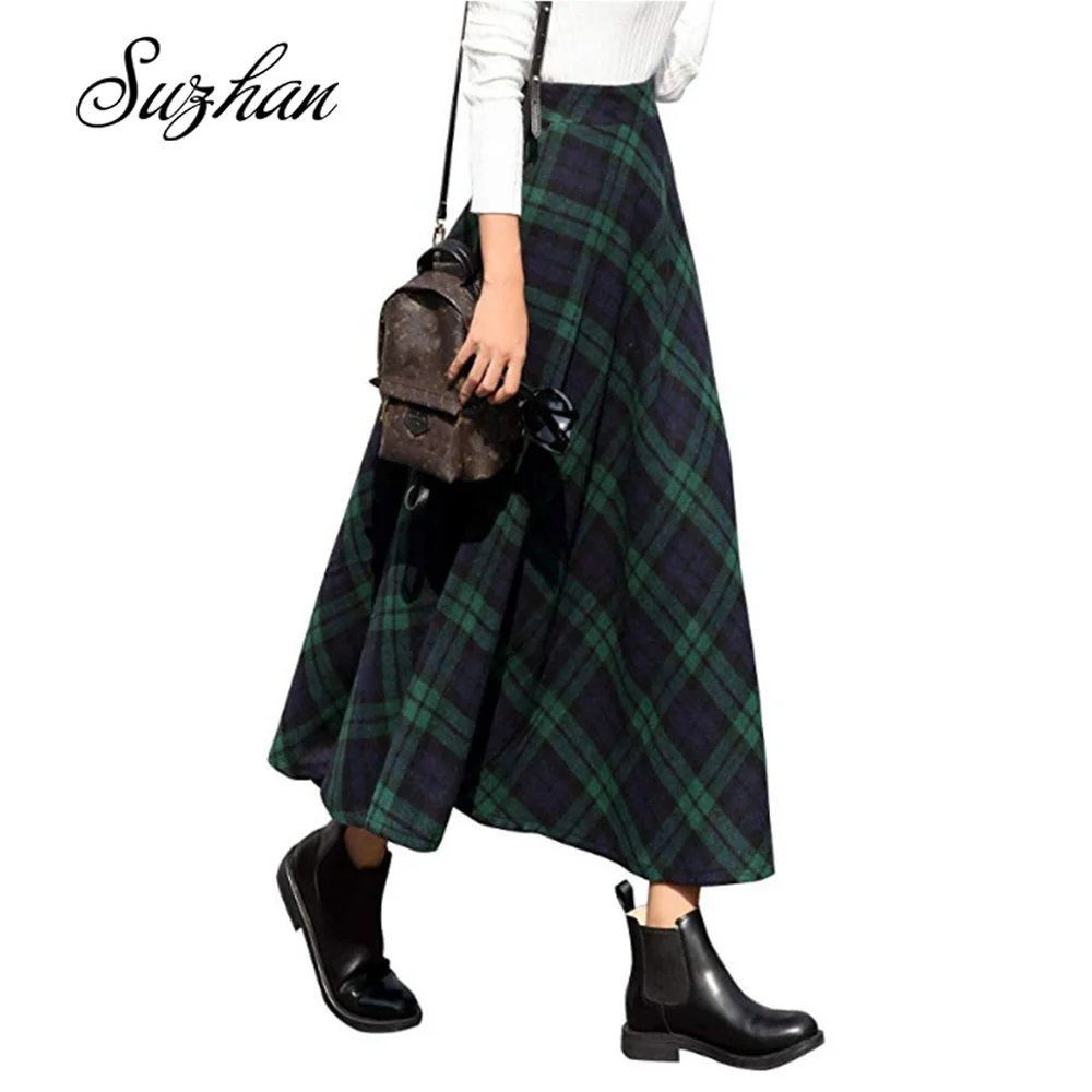 Suzhan винтажные женские клетчатые юбки с высокой талией Ретро стиль шотландка