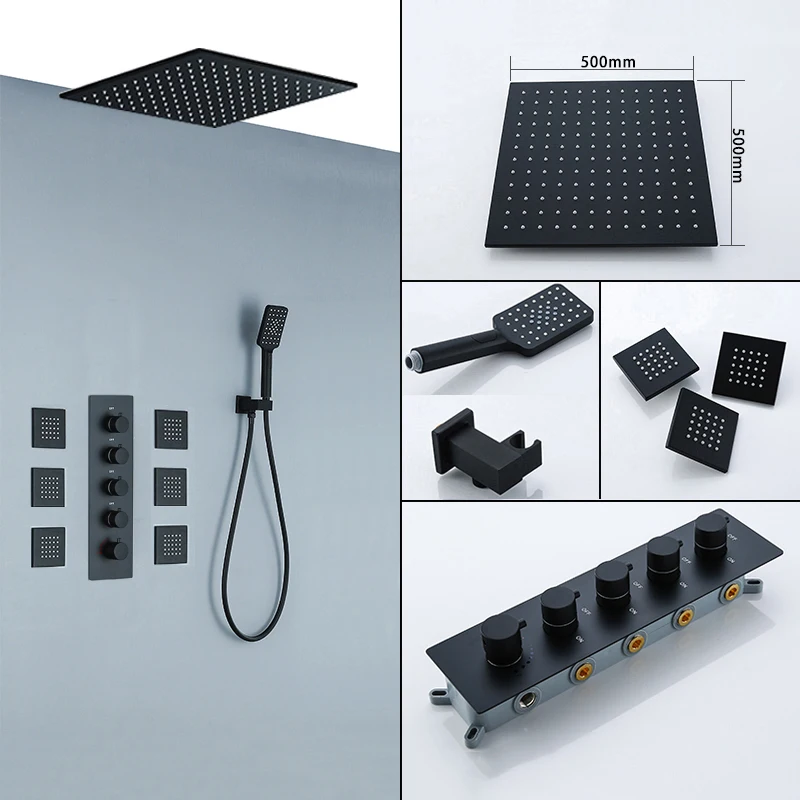 

Black Brass Shower Mixer Wall Mounted Rain Concealed Shower Faucet Set with Handheld Shower Massage Body Jet for Bathroom