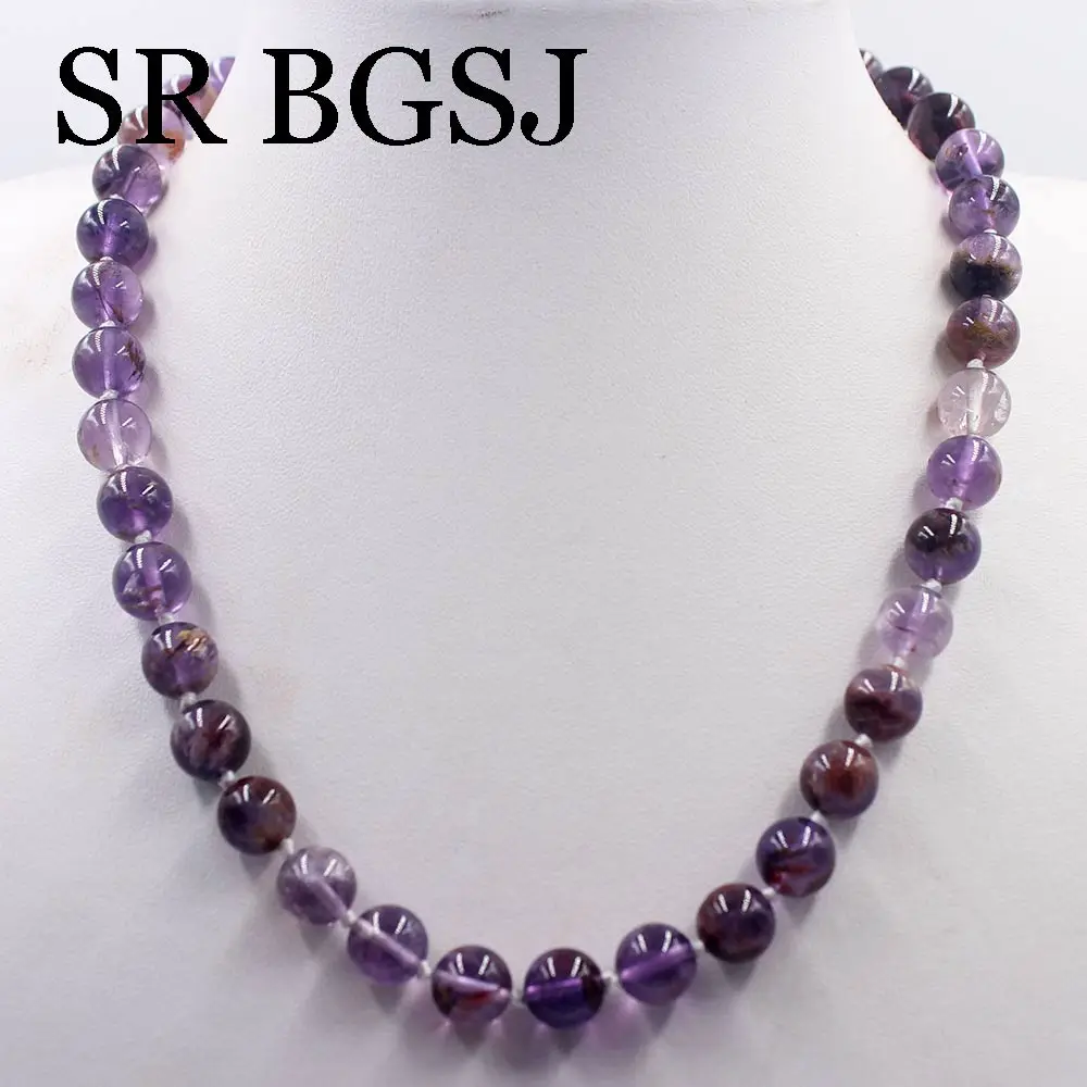 

Бесплатная доставка 10 мм Фиолетовый фантомный Кварц Круглые драгоценные камни бисер узел из натурального камня Чокер Ожерелье Strand 17,5"