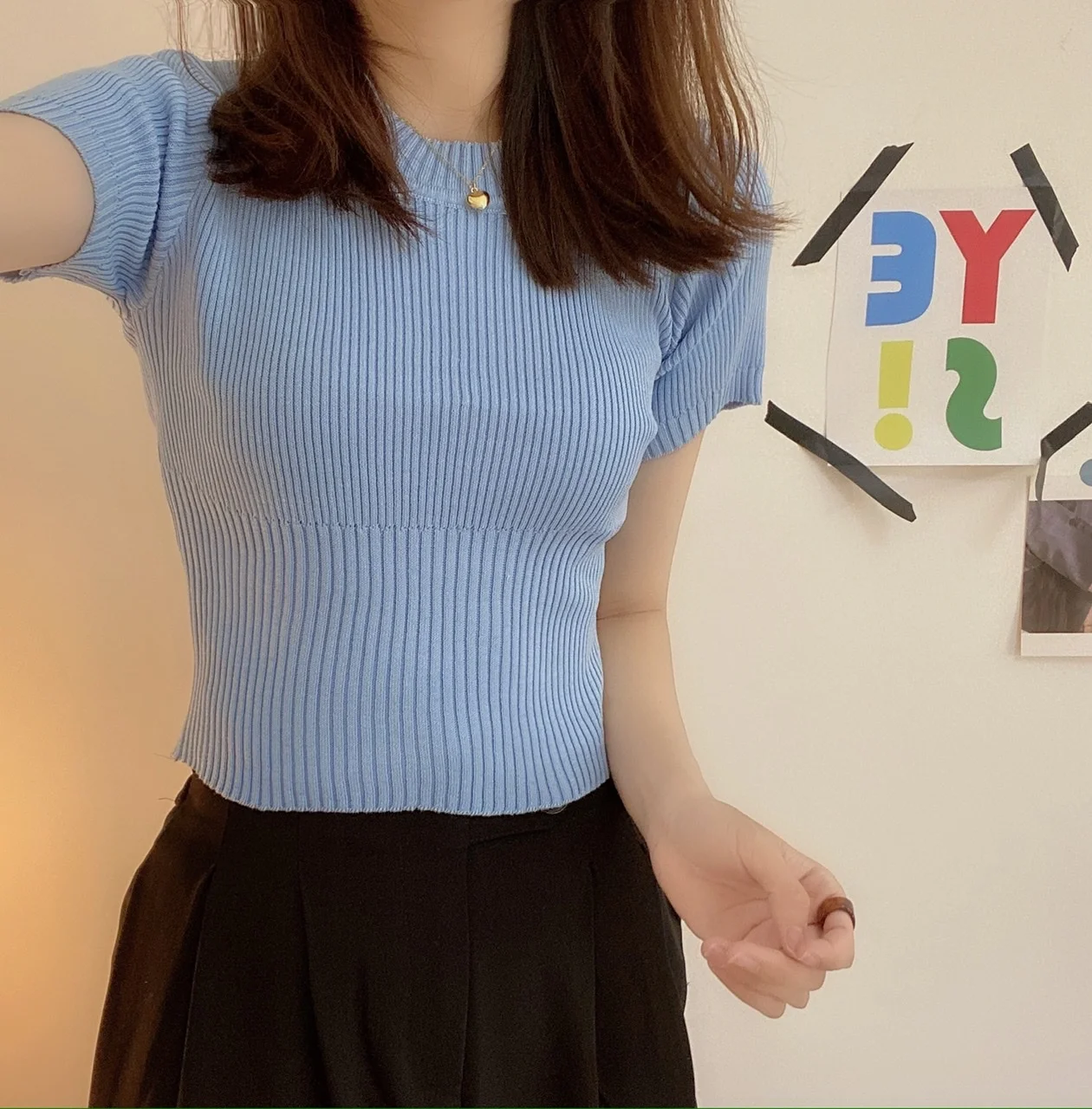 

2021 Korean Fashion Women's Slim Sweater Pullover Spring and Summer Knitted Short-sleeved Solid Color T-shirt Round Neck Top