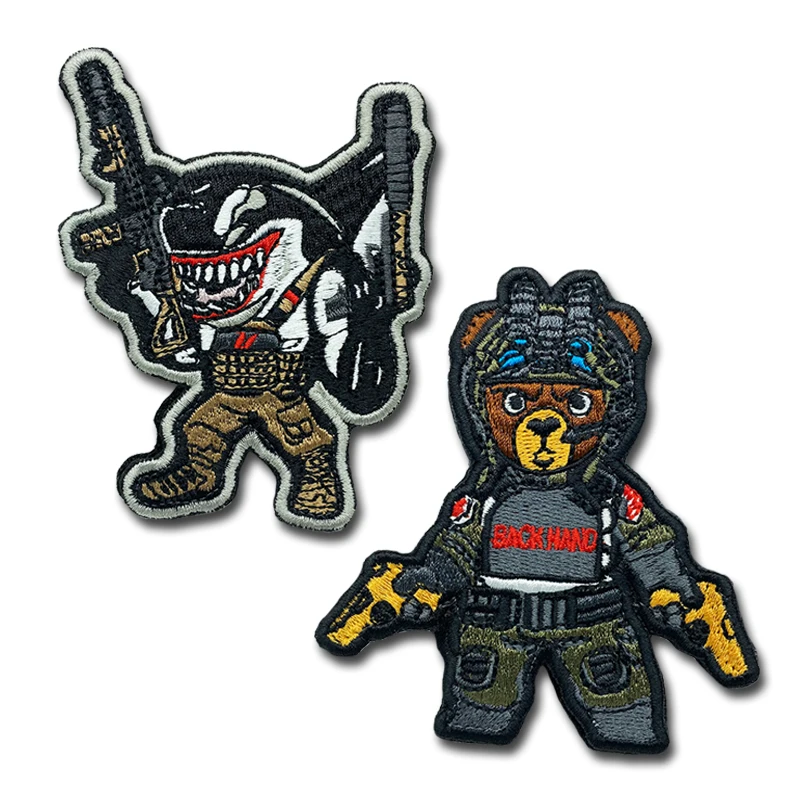 Shark warrior bear soldier Patches high quality Embroidered Military tactics Badge Hook Loop Armband 3D Stick on Jacket Backpack