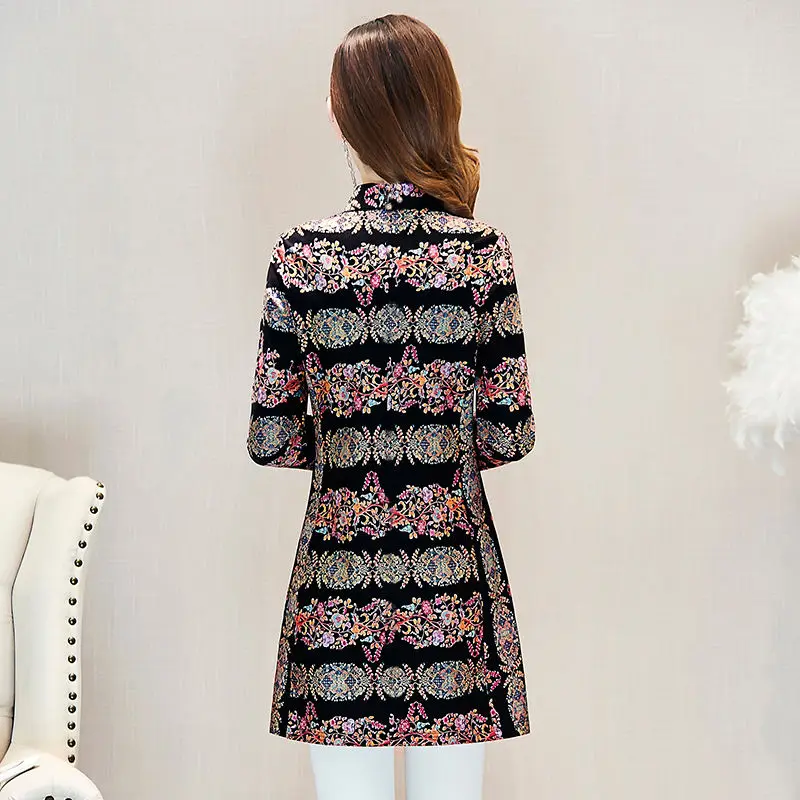 

Slim Stand Collar Printed Bottoming Shirt Female Side Long-sleeved Long-sleeved Mid-length Pullover Blouses Women Spring Autumn