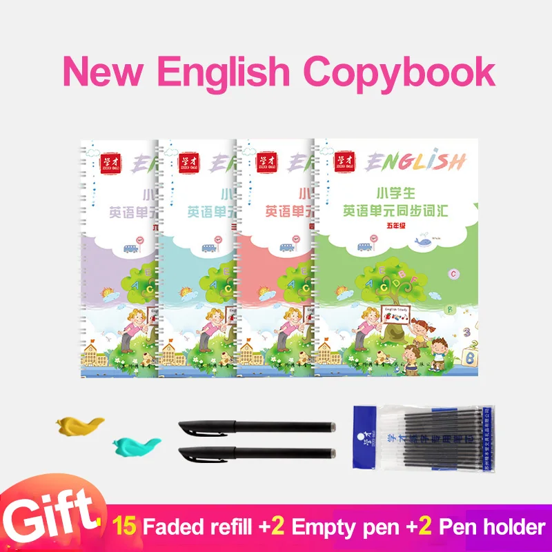 

4 Books/Set English Copybook For Calligraphy Practice Book Handwriting Groove Copy English Word For Kid Auto Fades Can Be Reused