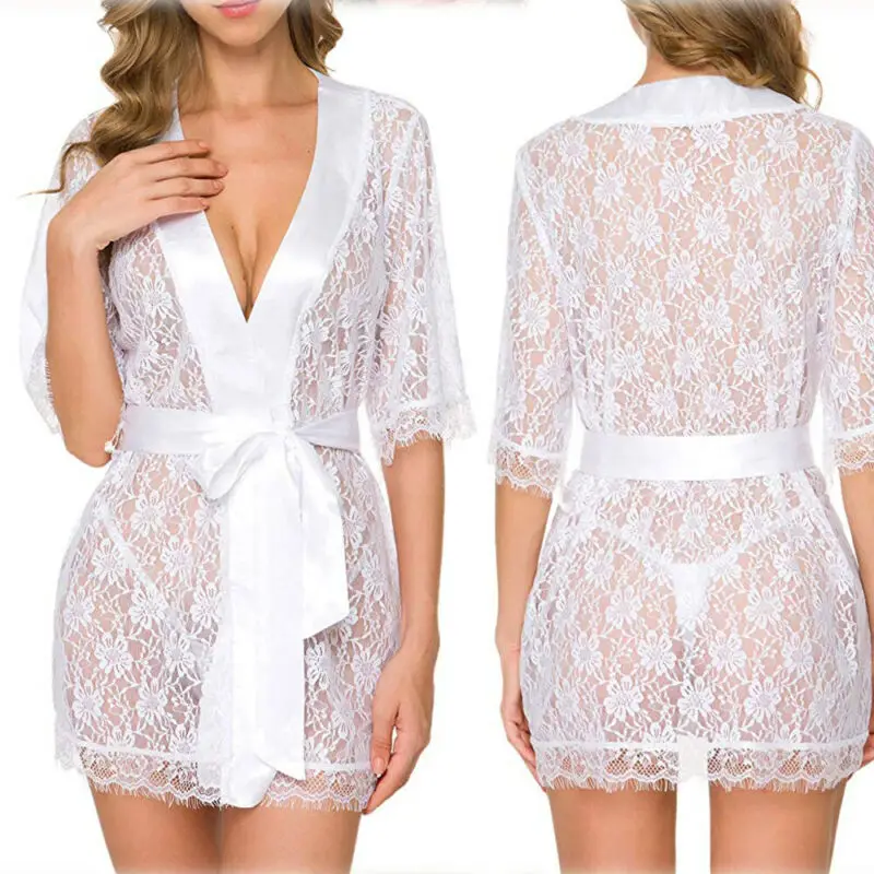 

Brand New Women's Bathrobe Sleepwear Sets Sheer Mesh Nightgown Floral Lace Robes Lingerie Female Sexy See Through Robes