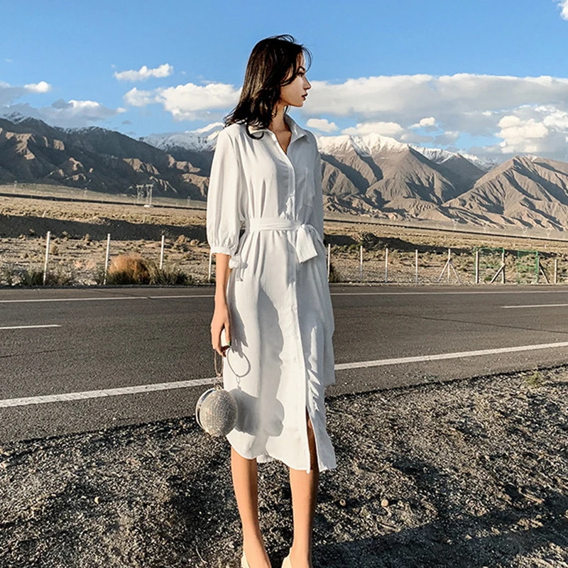 2020 весеннее Модное шифоновое платье рубашка женское однобортное белое средней