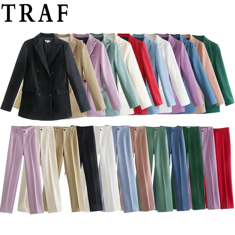 

Zar TRAF 2022 Blue Blazer Women Basic Casual Blazer Sets Business Jacket Woman Long Sleeve Office Double Breasted Elegant Jacket