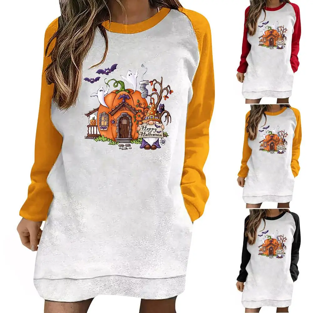 

Halloween Pumpkin Printed Hoodies Dress Women Long Sleeve T-Shirt Casual Crewneck Sweatshirt