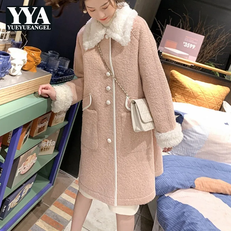 

Sweet Pink Autumn Witer Lapel Womens Faux Woolen Coats Fashion Long Sleeve Single Breasted Straight Female Medium Length Coats
