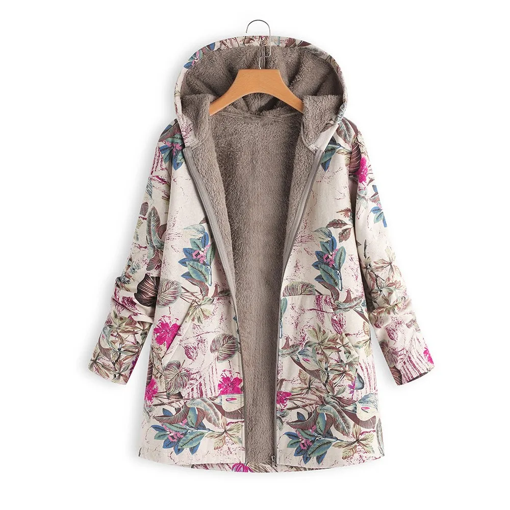Autumn Winter Womens Jacket Coats Casual Warm Outwear Floral Print Hooded Pockets Vintage Oversize Ropa Mujer Windbreaker | Женская
