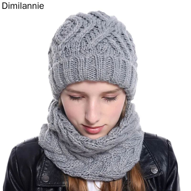 

2019 New women Autumn Winter Hat Scarf Set Solid Color Knit Beanies Girls Warm Scarf Fashion Hat