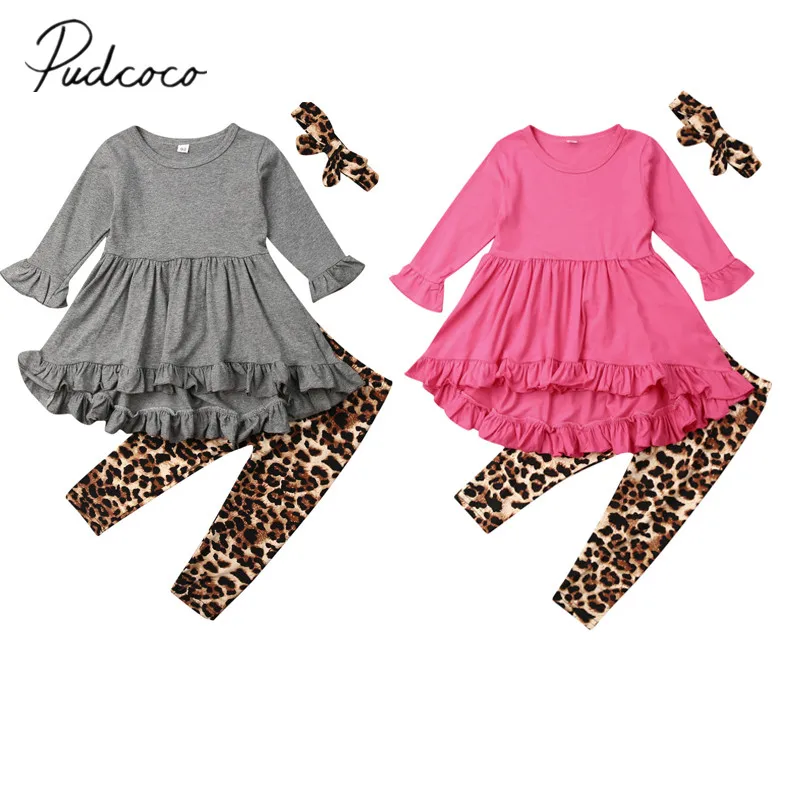 

2020 Spring Autumn Baby Clothing Toddler Kids Baby Girl Long Sleeve Dress T-shirt Top Leopard Pants Headband Tracksuit Set 1-5T