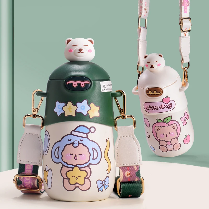

Kawaii Water Bottle Stainless Steel Thermos Cup with Shoulder Strap Children Student Portable Travel Drink Tea Bottle with Straw