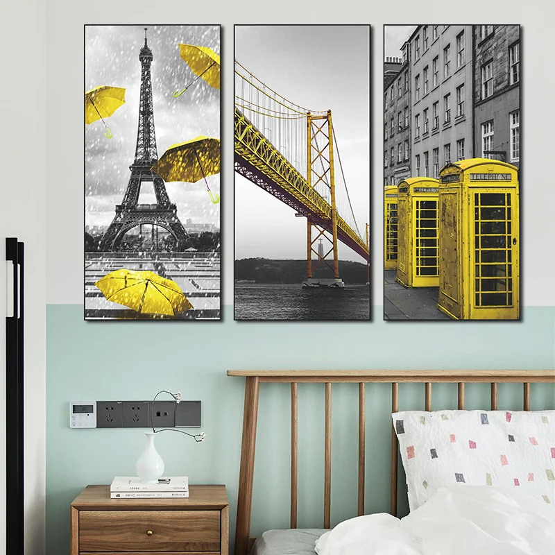 

Nordic Modern Wall Art Canvas Paintings Grey And Yellow Cityscape Posters And Triptych Prints For Living Room Decoration