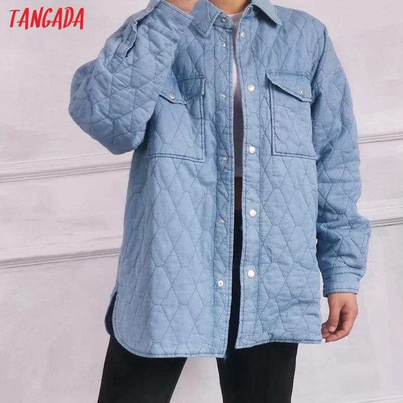 

Парка джинсовая женская синяя, с длинными рукавами и карманами, 6W04, Осень-зима, 2021