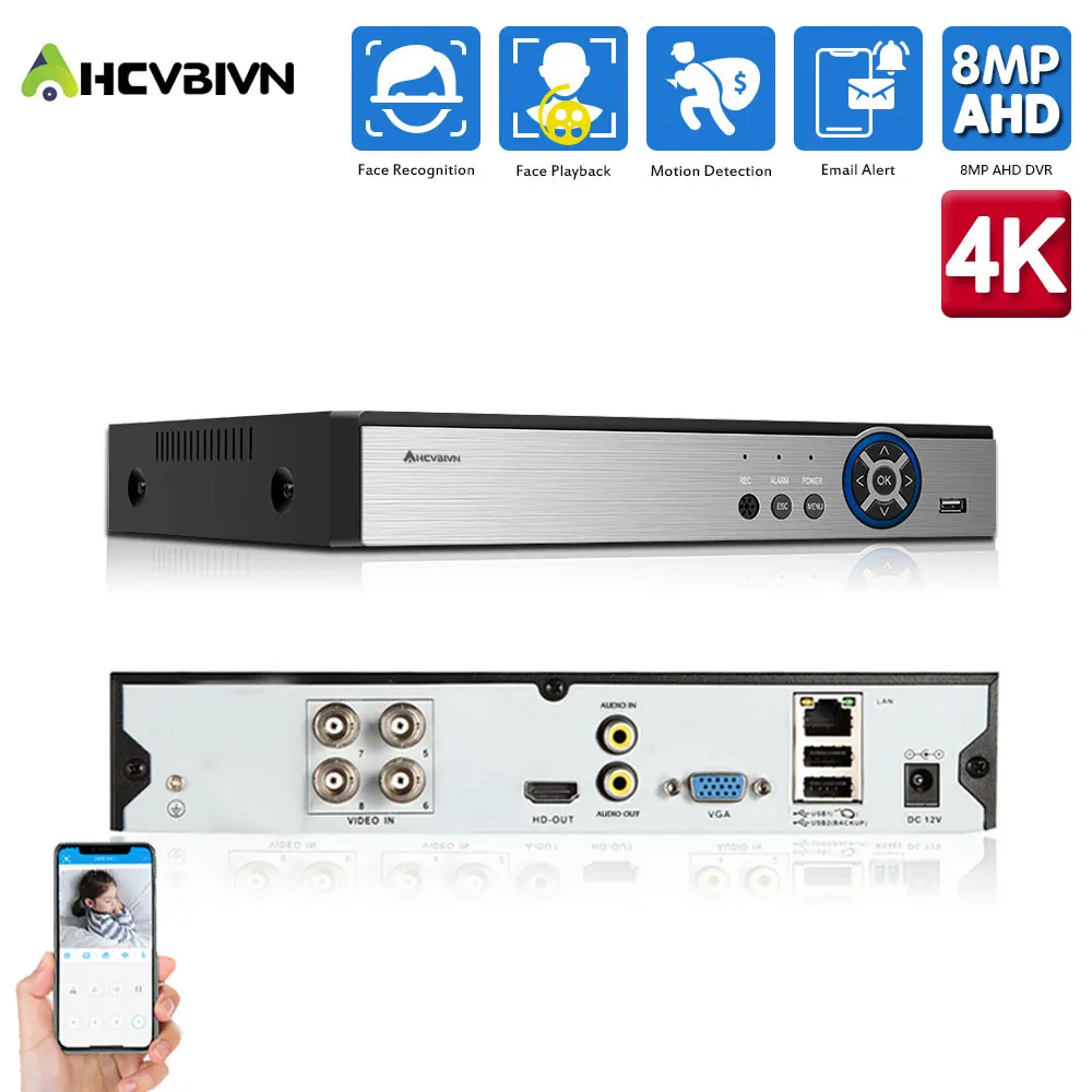 

AHCVBIVN H.265 4Channel 4K Hybrid 6 in 1 NVR TVI CVI AHD CCTV DVR Recorder 4CH 8MP XMEYE Digital Surveillance Video Recorder 5MP