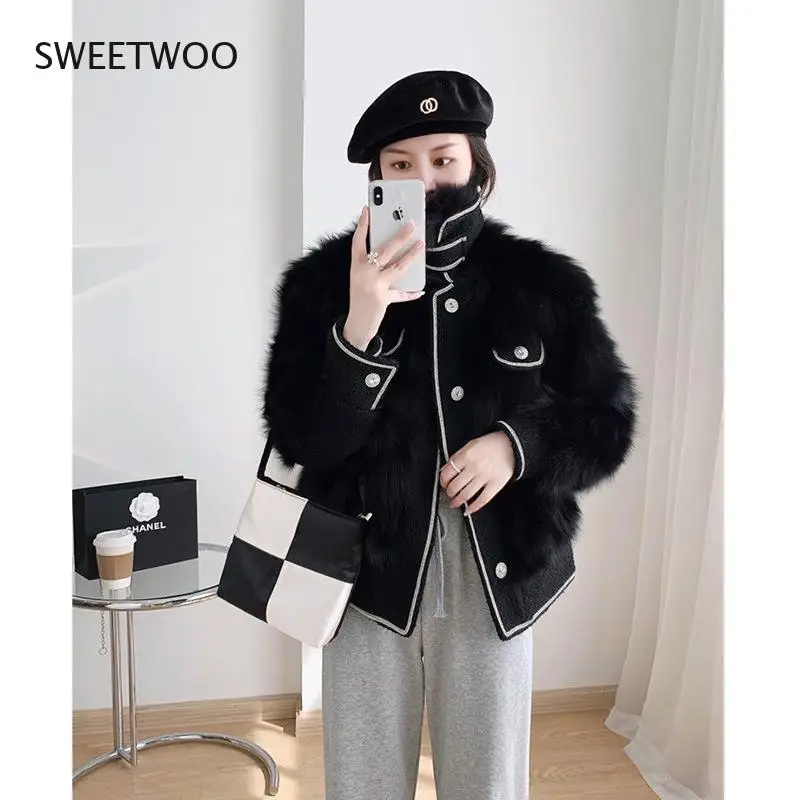 Light luxury lady blouse autumn and winter imitation fur2022 new young heavy industry small fragrance splicing woolen coat women