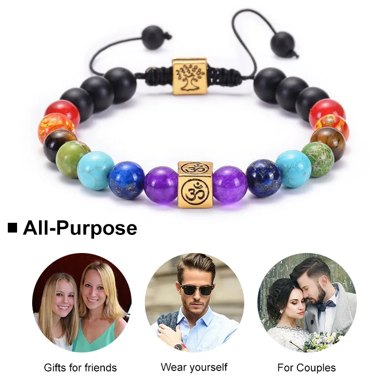 

Европейский и американский популярный орнамент, 8 мм, женский браслет из ткани семь чакр, квадратный браслет Om с деревом удачи, браслет для й...